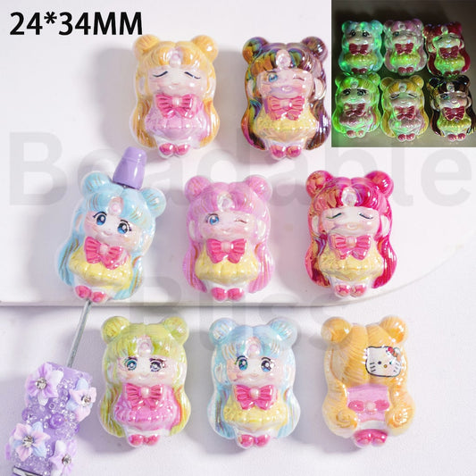 Acrylic Beads UV Coating Luminous Cute Sailor Moo Girl with Hello Kitt, 24*34MM, Random Mix