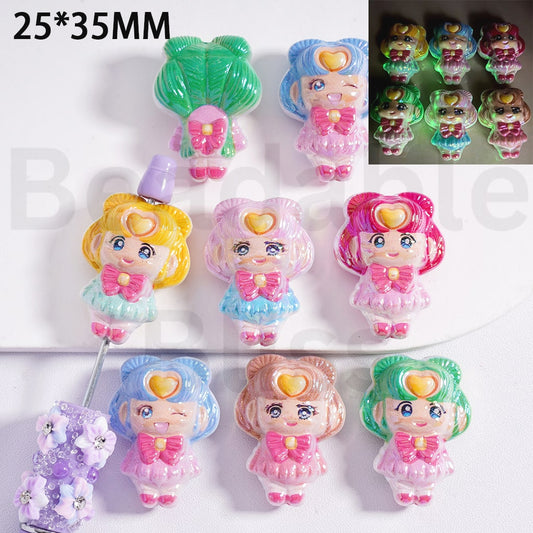 Acrylic Beads Luminous Cute Girl Sailor Moo with Hearts Bowknots, 25*25MM, Random Mix