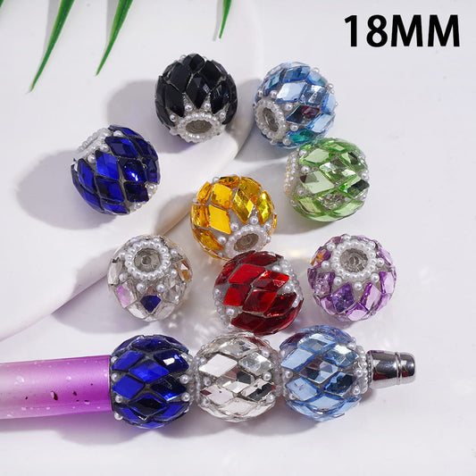 Acrylic Beads with Rhombus Rhinestones and White Pearls, 18MM, Multi-Color