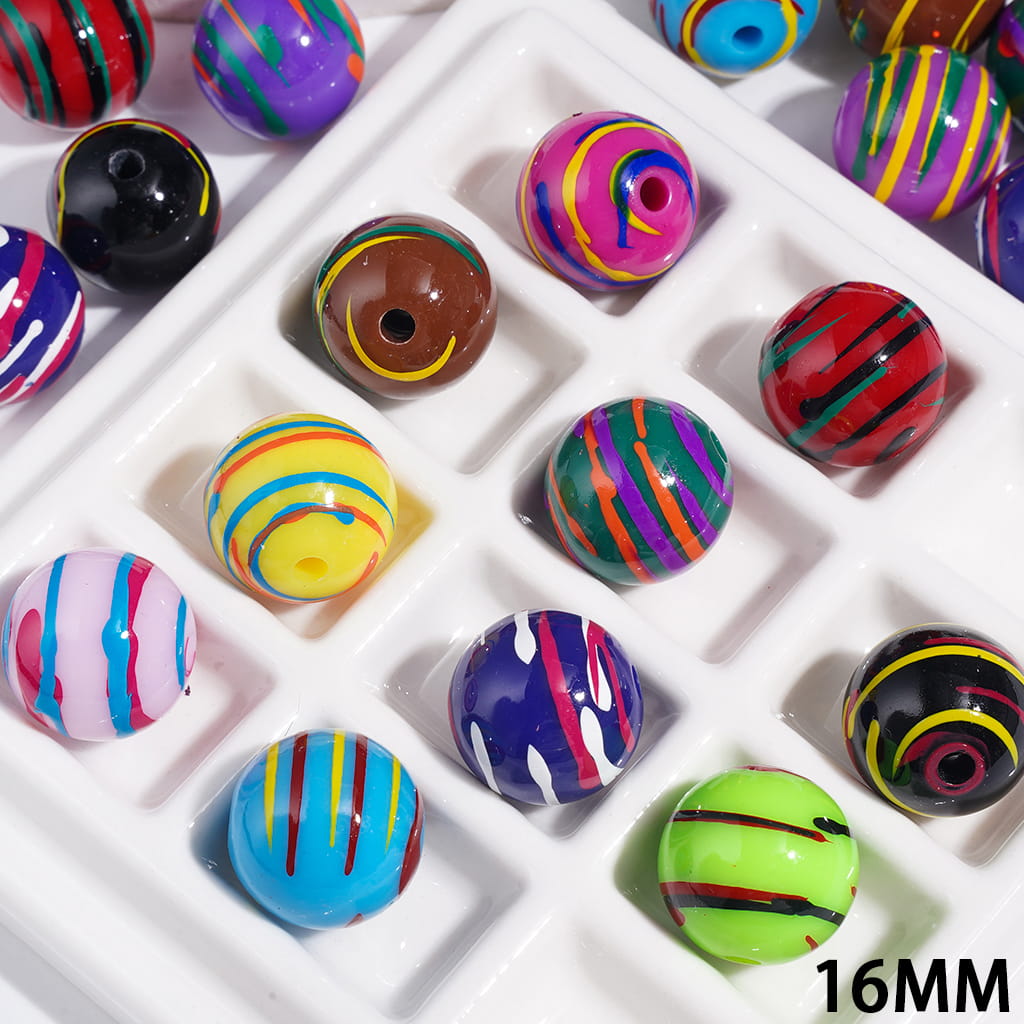 Acrylic Beads for Bracelets with Splashed Ink Stripes Texture, 16MM Multi-Color Random Mix