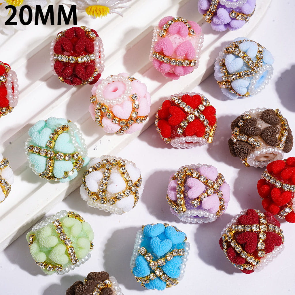 Handmade Acrylic Beads with Frosted Hearts, Gold Alloy Chains with Clear Rhinestones & White Pearl Chains, 20MM Multi-Color Random Mix