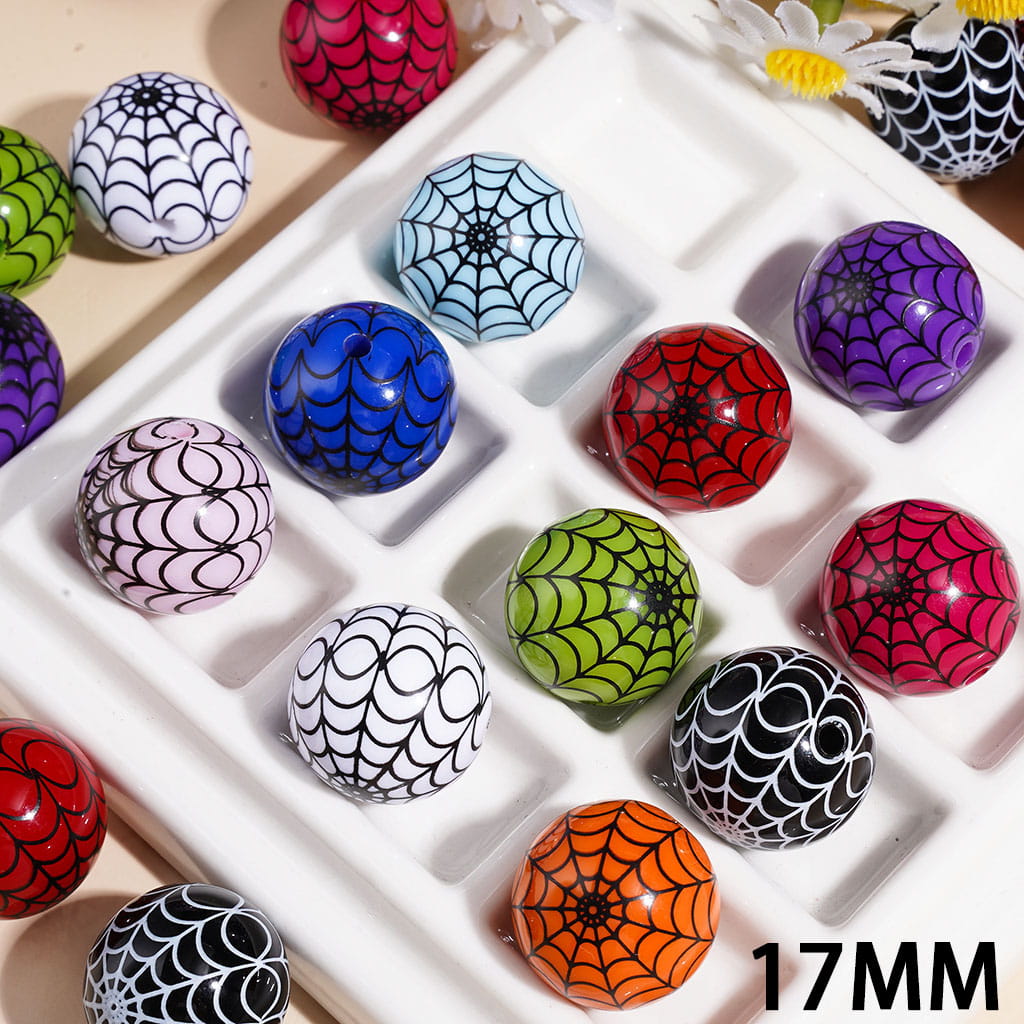 Acrylic Beads for Bracelets with Black Spider Web Mesh, 17MM, Multi-Color, Random Mix
