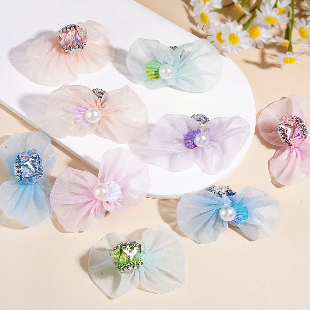 Sheer Organza Fabric Bow Acrylic Beads, Iridescent Shell Sequin Faux Pearl, Mermaid Tail & Drop Rhinestones, White Pearl & AB Rhinestone Chains, Multicolor, Random Mix