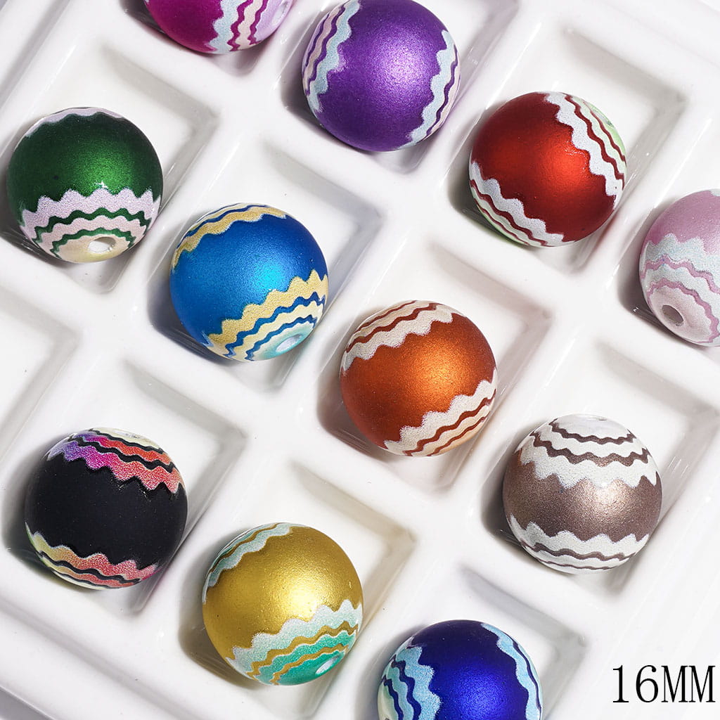 Matte Frosted Acrylic Beads for Bracelets, Round Beads with Traditional Wavy Stripes Print, 16MM, Multi-Color, Random Mix