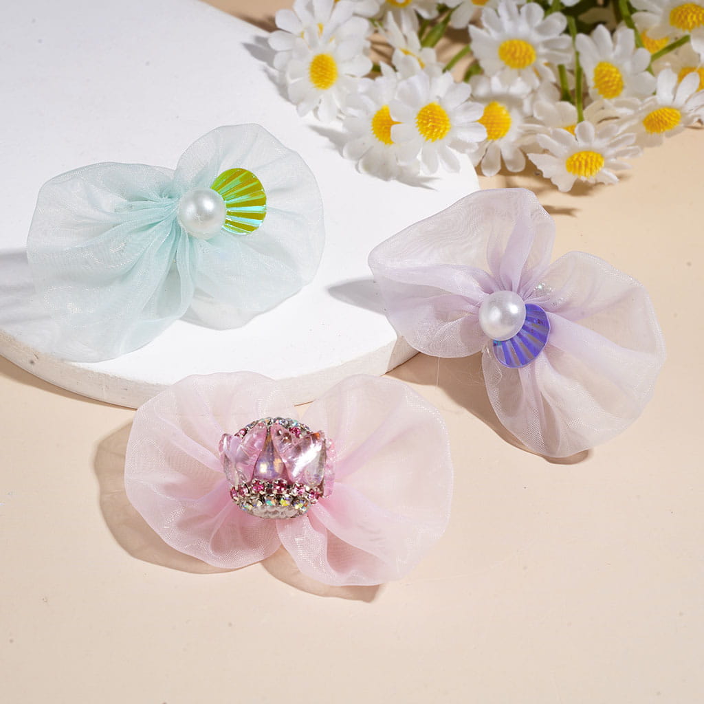 Sheer Organza Fabric Bow Acrylic Beads, Iridescent Shell Sequin Faux Pearl, Mermaid Tail & Drop Rhinestones, White Pearl & AB Rhinestone Chains, Multicolor, Random Mix