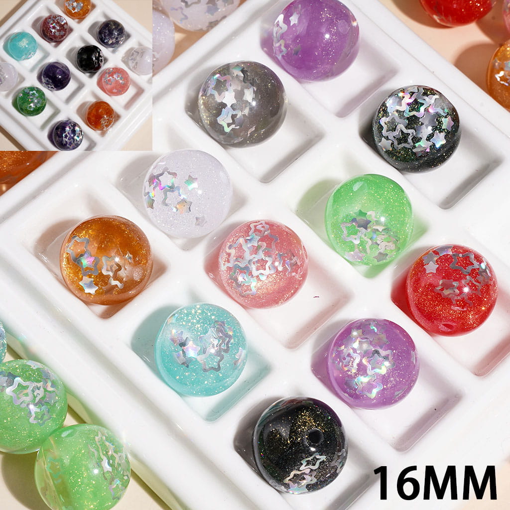 Glitter and Silver Star Sequins Embedded Inside Acrylic Beads for Bracelets, Color Changing, 16MM, Multi-Color, Random Mix
