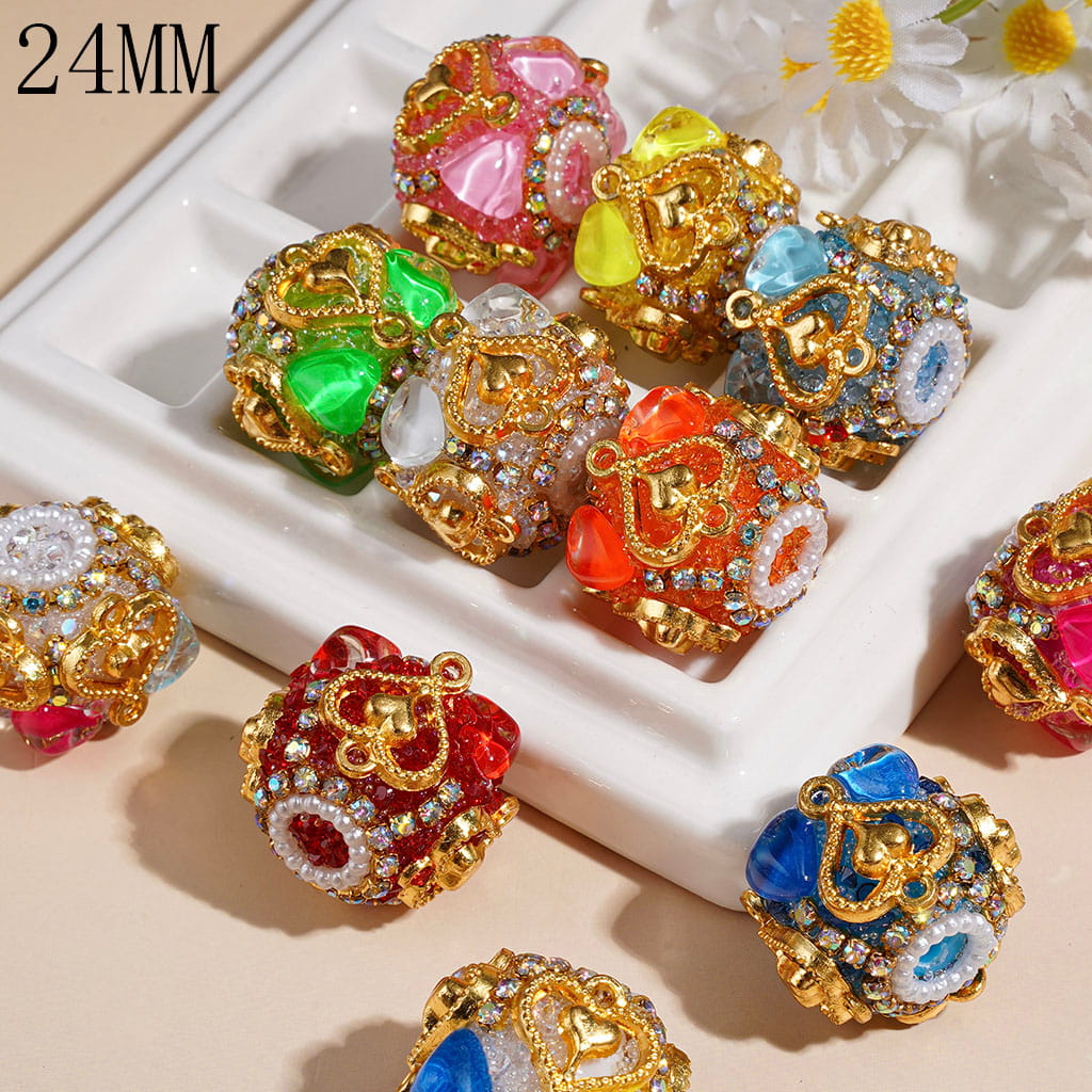 Handmade Acrylic Sugar Beads w Heart Rhinestones and Gold Metal Heart Charm, White Pearl & AB Rhinestone Chains, 24MM Neon Color Random Mix