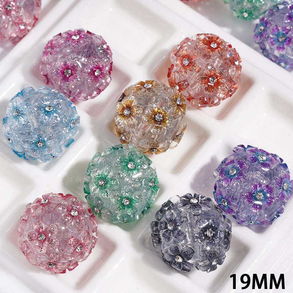 Handmade Acrylic Beads with Gradual Glitter Five-Petaled Flower and Clear Rhinestone, 19MM Multi-Color Random Mix