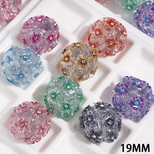 Handmade Acrylic Beads with Gradual Glitter Five-Petaled Flower and Clear Rhinestone, 19MM Multi-Color Random Mix