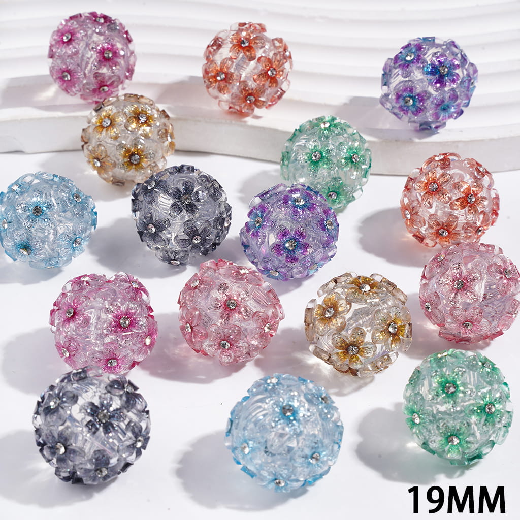 Handmade Acrylic Beads with Gradual Glitter Five-Petaled Flower and Clear Rhinestone, 19MM Multi-Color Random Mix