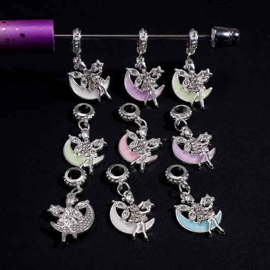 Silver Metal Bail Loop Beads, Charm Pendant Fairy Sitting on Crescent Moon, Multi-Color, Random Mix