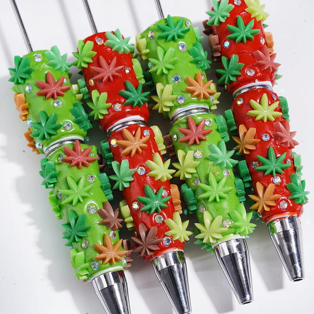 Beadable Clay Pens Colorful Maple Leaf and AB Rhinestones, Green and Red Background