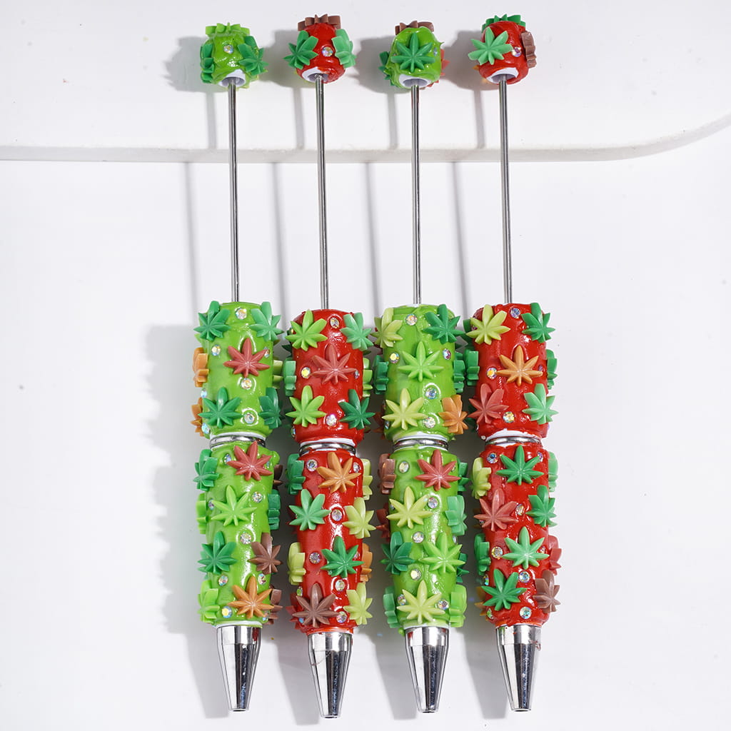 Beadable Clay Pens Colorful Maple Leaf and AB Rhinestones, Green and Red Background