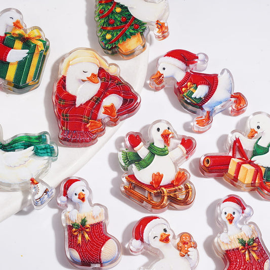 Semi-Clear Acrylic Beads Diverse Design Goose in Christmas Theme, Random Mix