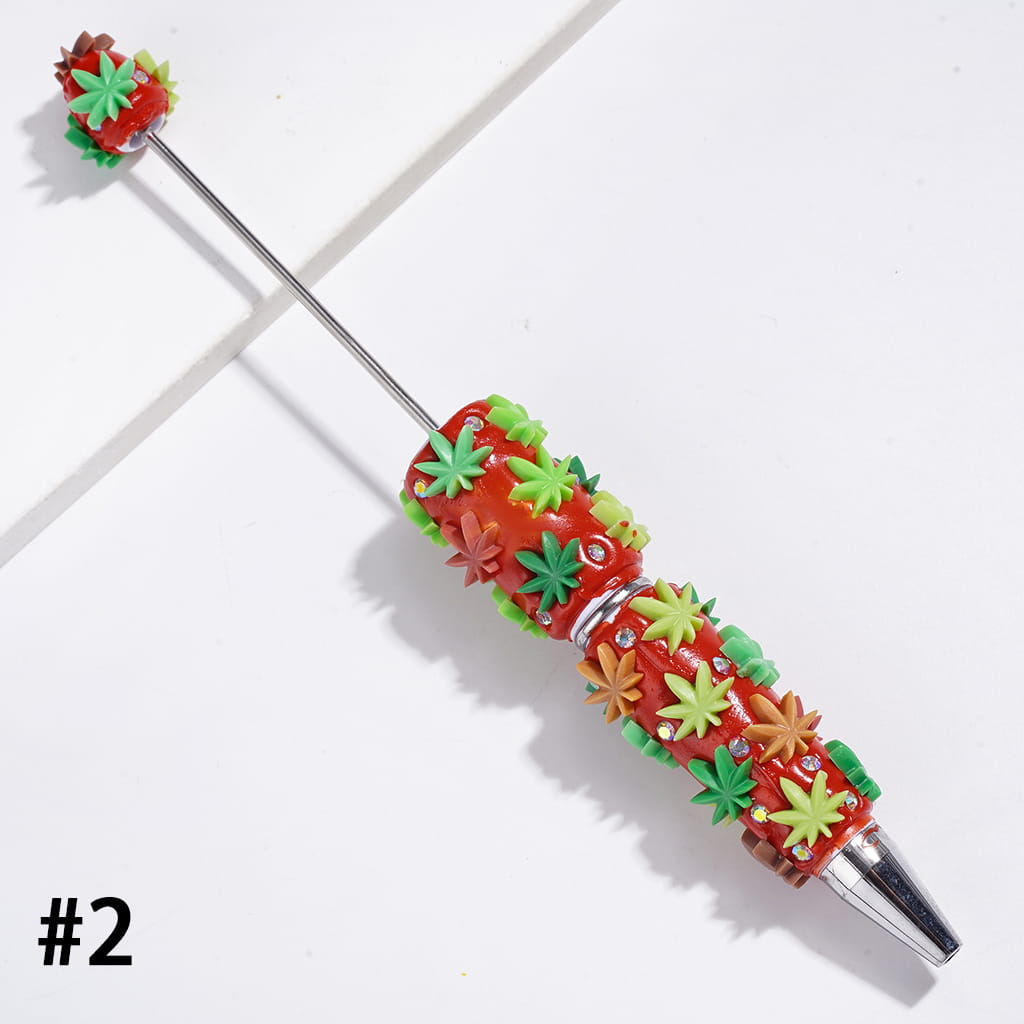 Beadable Clay Pens Colorful Maple Leaf and AB Rhinestones, Green and Red Background