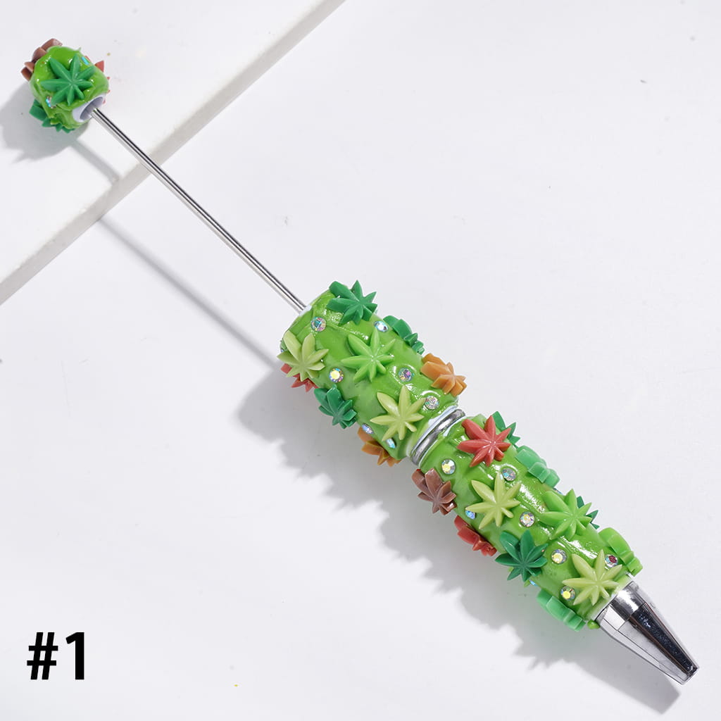 Beadable Clay Pens Colorful Maple Leaf and AB Rhinestones, Green and Red Background