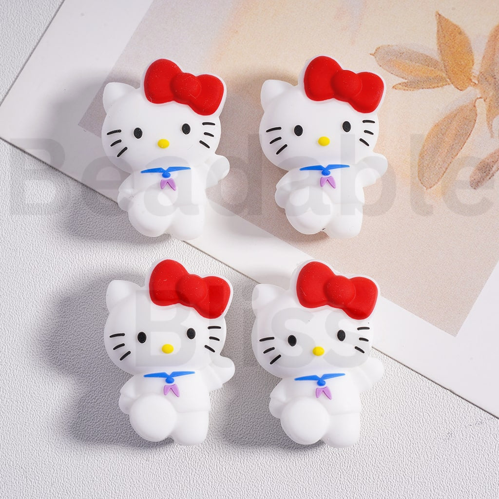 Silicone Focal Beads 3D Cute Hello Kitt with Red Bowknot