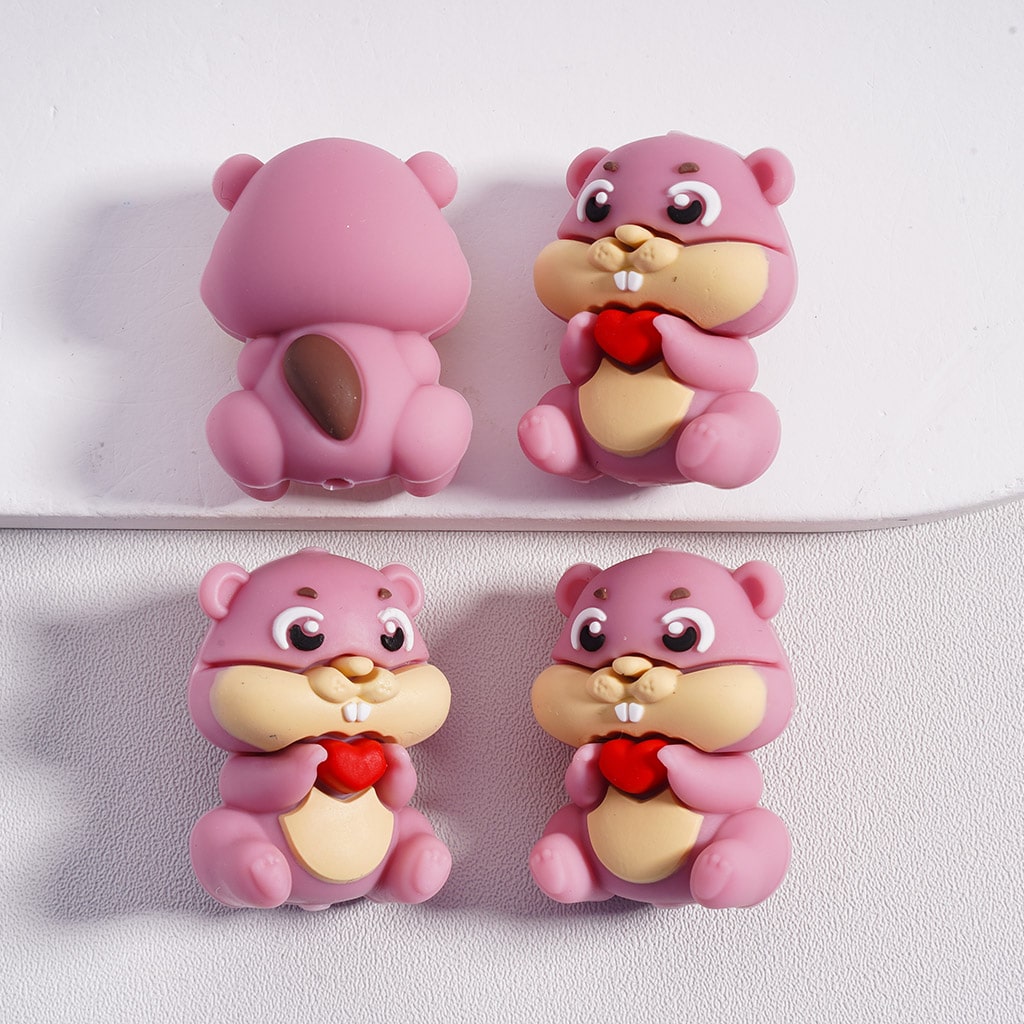 Silicone Focal Beads 3D Cute Squirrels Holds Red Hearts