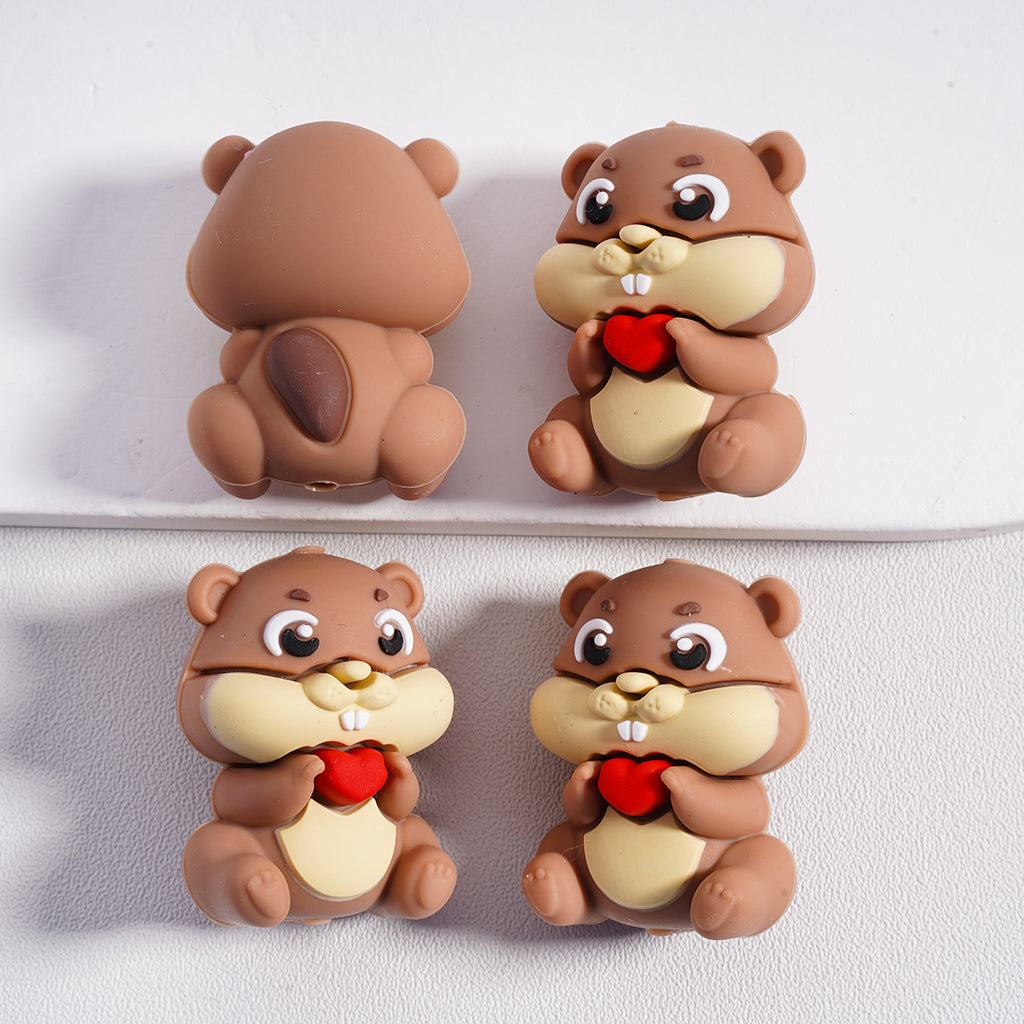 Silicone Focal Beads 3D Cute Squirrels Holds Red Hearts