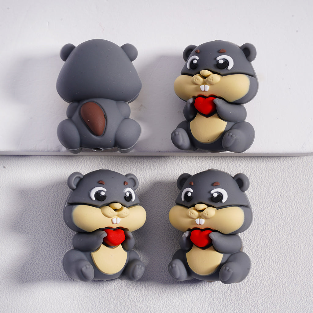 Silicone Focal Beads 3D Cute Squirrels Holds Red Hearts