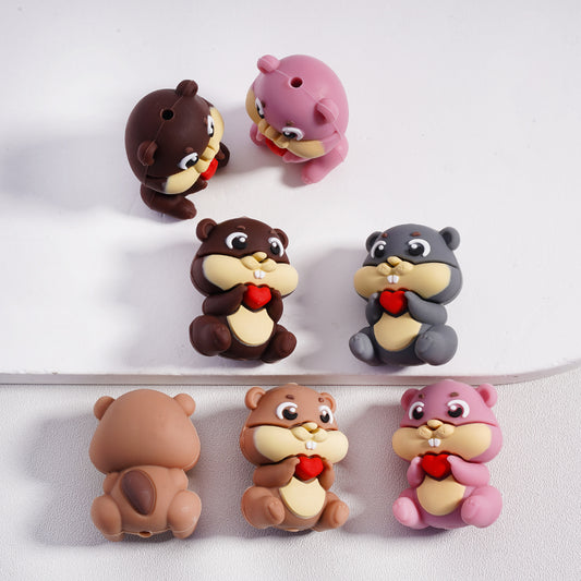Silicone Focal Beads 3D Cute Squirrels Holds Red Hearts