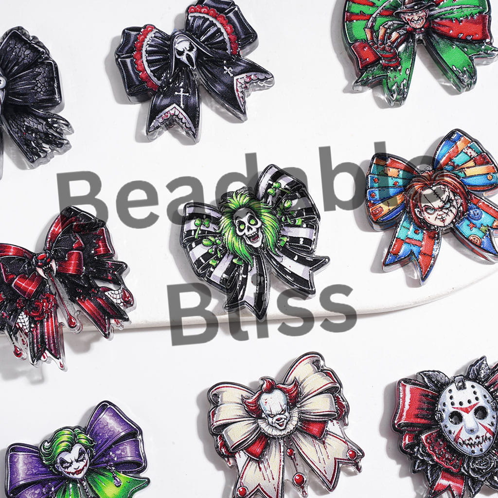 Scary Bowtie Bowknot Acrylic Beads, Classic Horror Murder Character in Halloween Theme, Semi-Clear, Random Mix