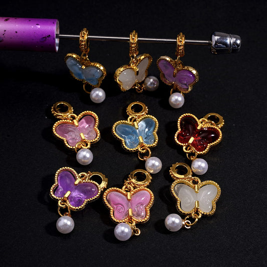 Metal Bail Loop Beads Charm Pendant Butterfly and White Pearl Tassel, Gold, Random Mix
