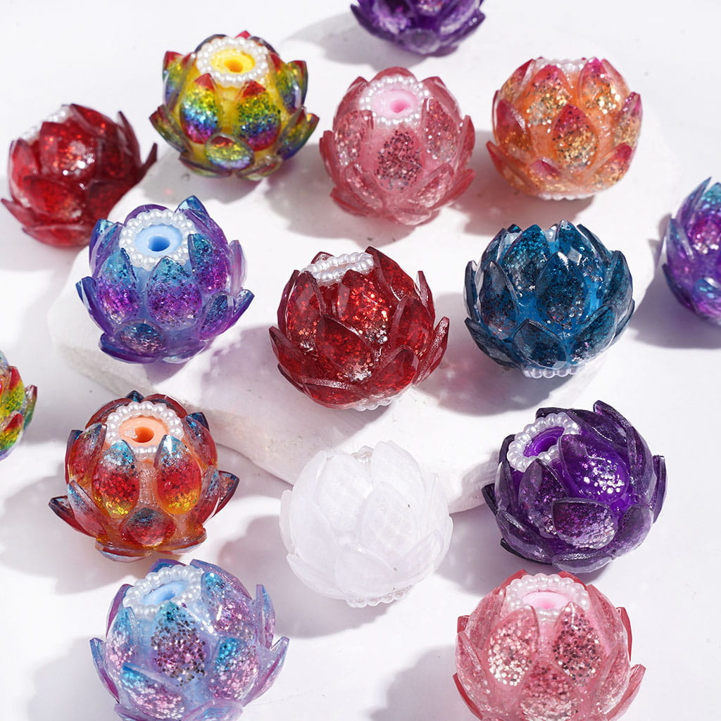 Handmade Acrylic Beads Lotus Flower with Water Drop Rhinestones and Glitter, White Pearl Ball Chains, 20MM Multi-Color Random Mix