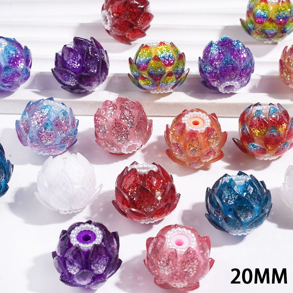 Handmade Acrylic Beads Lotus Flower with Water Drop Rhinestones and Glitter, White Pearl Ball Chains, 20MM Multi-Color Random Mix
