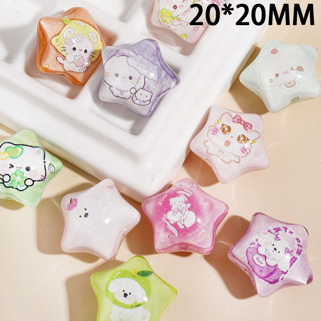 Acrylic Beads Animal Cartoon Printed Series, Five-Pointed Star with Glitter, 20*20MM Multi-Color Random Mix