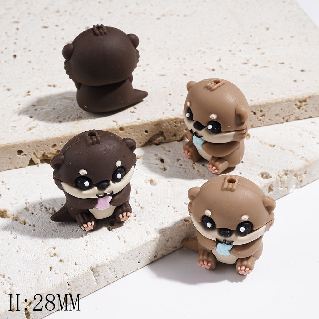 Silicone Focal Beads 3D Otter Holding Pink and Blue Sea Shell, Dark Brown and Light Brown, Height 28MM