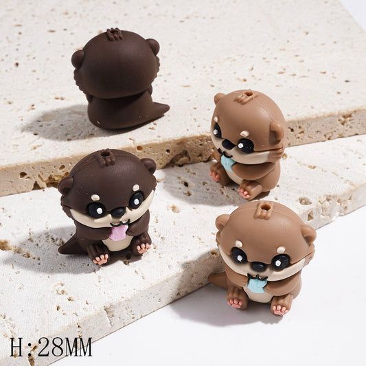 Silicone Focal Beads 3D Otter Holding Pink and Blue Sea Shell, Dark Brown and Light Brown, Height 28MM