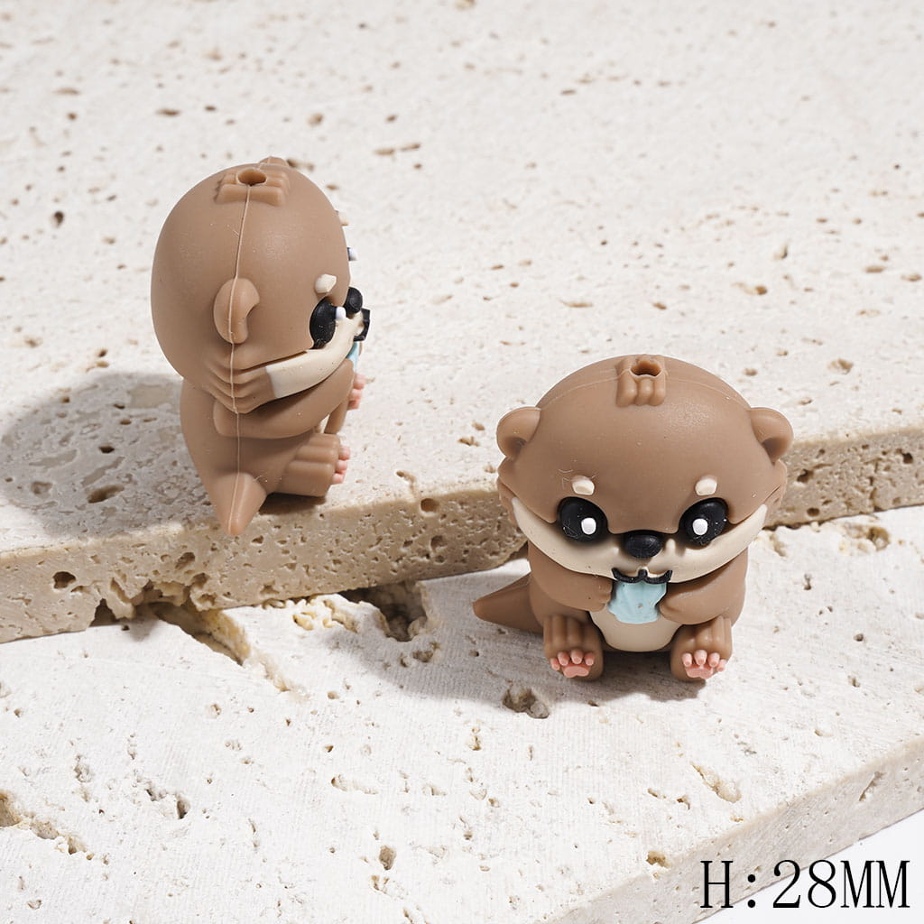 Silicone Focal Beads 3D Otter Holding Pink and Blue Sea Shell, Dark Brown and Light Brown, Height 28MM