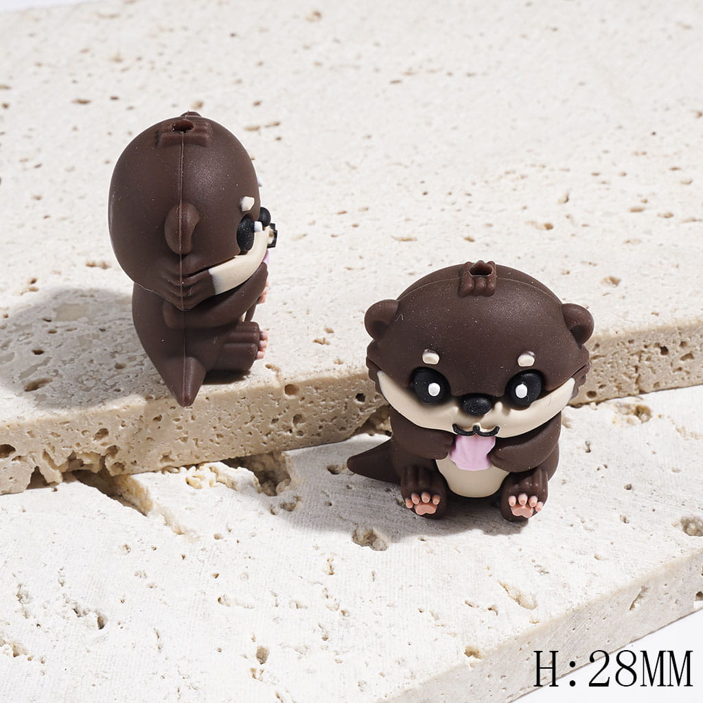 Silicone Focal Beads 3D Otter Holding Pink and Blue Sea Shell, Dark Brown and Light Brown, Height 28MM