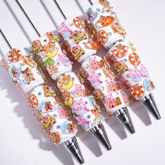Beadable Clay Pens with Cute Capybara in Summer Vacation Style and AB Rhinestones