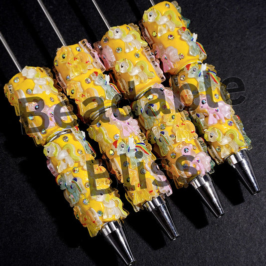 Unicorn Little Horse Character Series and AB Rhinestones Beadable Clay Pens, Yellow Pen Base