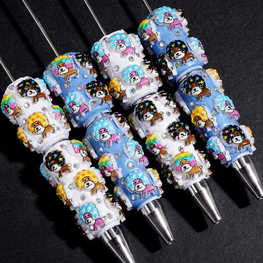 Dog Puppy with Explosion Curly Wigs and AB Rhinestones Beadable Clay Pens, Blue and White
