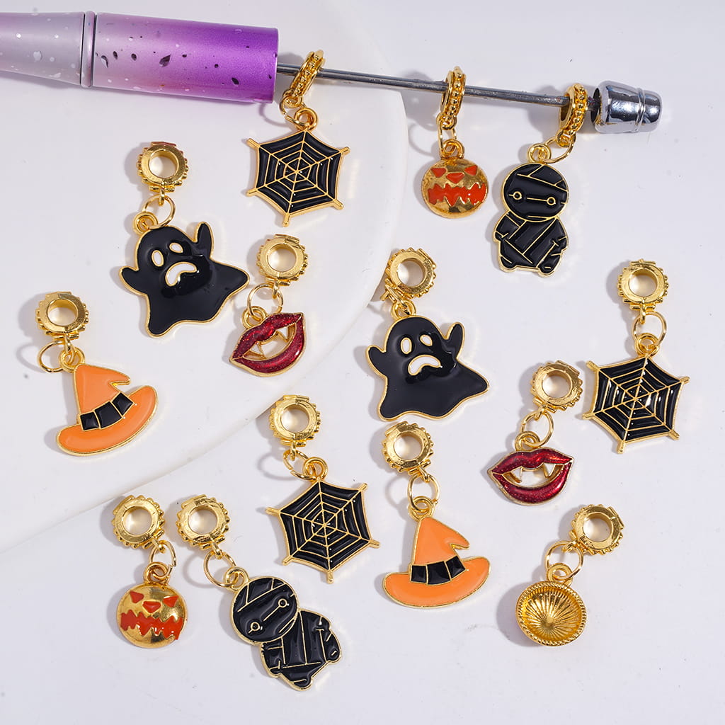 Gold Metal Beads Loop Bail with Cute Pendants Halloween Series Mummy, Pumpkin, Web, Ghost & More Random Mix
