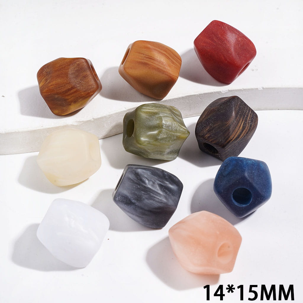 Matte Frosted Acrylic Beads Marbled Wood Look Large Hole, Irregular Faceted Cube Design, 14*15MM Multi-Color Random Mix (The Big Hole is Arond 5MM)