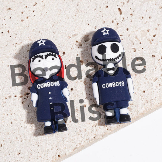 3D Couple Skull Character with Sports Jersey Set and Hat Silicone Focal Beads, Dallas American Football, Height 44MM