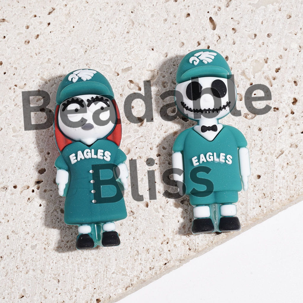 3D Silicone Focal Boy and Girl Couple Skull Character with Sports Jersey Set and Hat, American Football Bird Team, Height 44MM