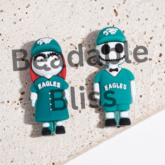 3D Silicone Focal Beads Boy and Girl Couple Skull Character with Sports Jersey Set and Hat, American Football Bird Team, Height 44MM
