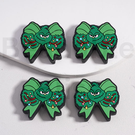 Silicone Focal Beads Green Bowknot with Cute Grinc Christmas Lights