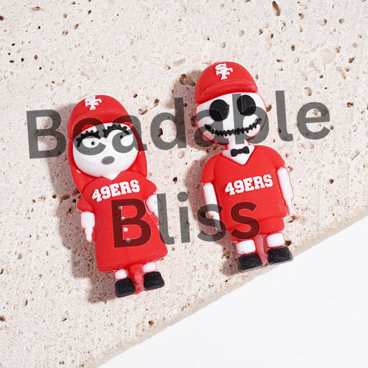 3D Silicone Focal Beads Boy and Girl Skull Characters with Sports Jersey Set and Hat, American Football SF Team, Height 44MM