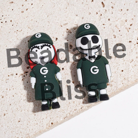 3D Silicone Focal Beads Girl and Boy Couple Skull Character with Green Bay American Football Sports Jersey Set and Hat, Height 44MM