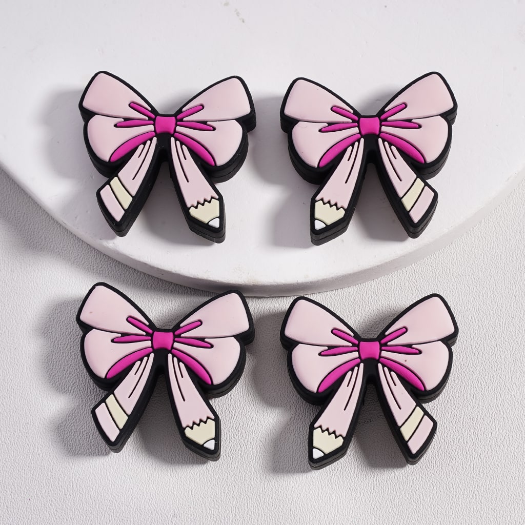 Silicone Focal Beads Cute Pink Pencil Style Bowknot