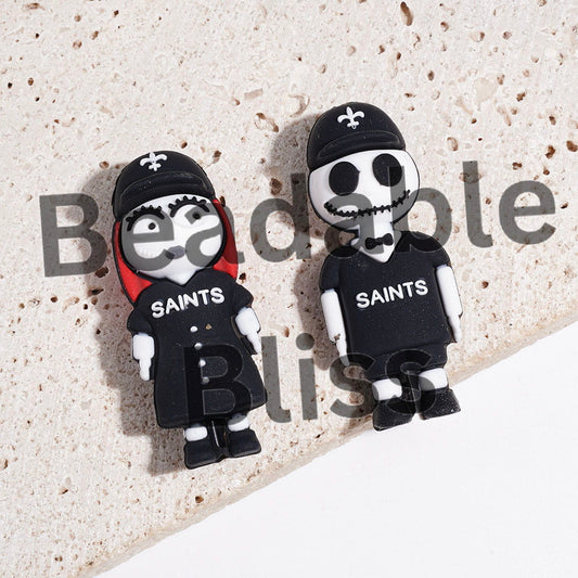 3D Silicone Focal Beads Girl and Boy Couple Skull Character with American NOLA Football Sports Jersey Set and Hat, Height 44MM