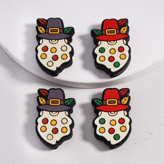 Silicone Focal Beads Funny Gnome with Hat Long Beard Mini Flowers on it
