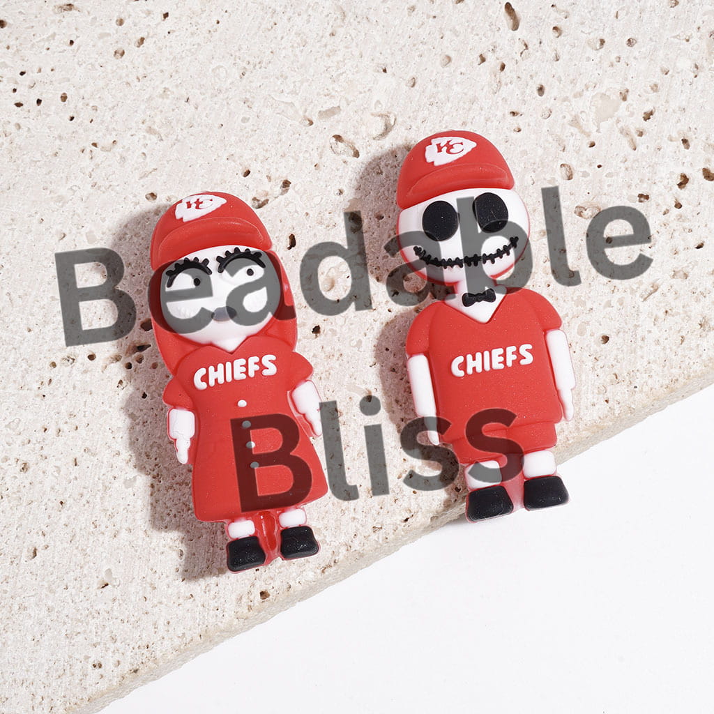3D Silicone Focal Girl and Boy Couple Skull Character with Sports Jersey Set and Hat, American Football KC Team, Height 44MM
