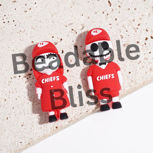 3D Silicone Focal Beads Girl and Boy Couple Skull Character with Sports Jersey Set and Hat, American Football KC Team, Height 44MM